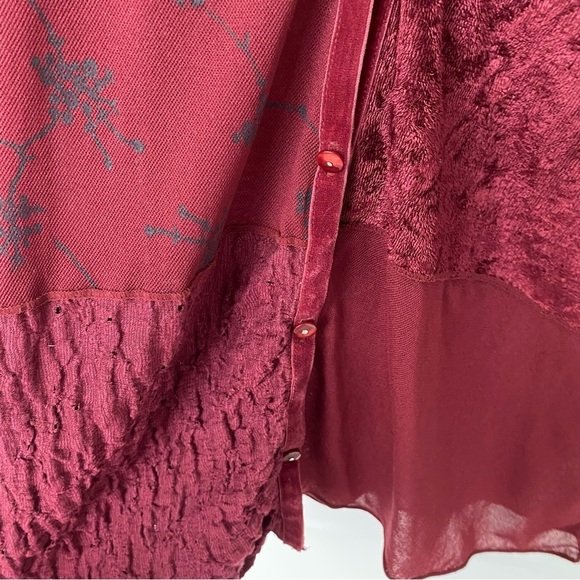 J Jill deep red velvet accents partially sheer button down Top - Picture 7 of 12